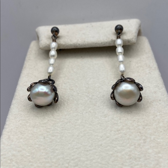 Vintage Sterling Silver 925 White Cultured Pearl Dangle Drop Earrings Pierced